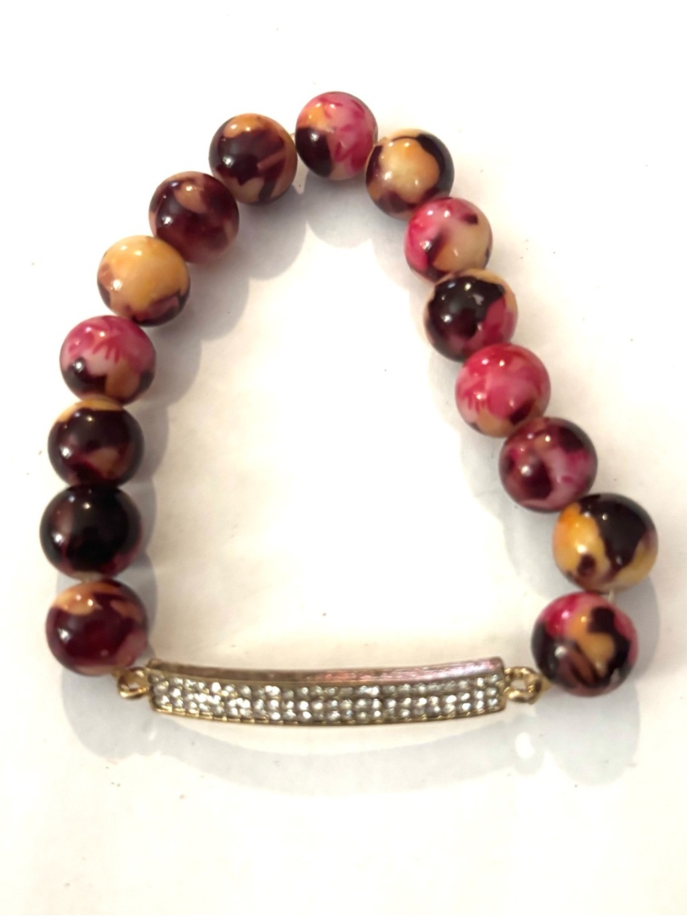 Marbled Pink, Brown & Cream Beaded Stretch Bracelet with Gold Crystal Bar
